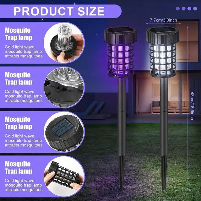 Alt view image 4 of 7 - 4 Pack Outdoor Solar Bug Zapper,Purple and White Light,Black | Mosquito Repellent, Solar Powered, Waterproof, LED Light Lamp, Fly Insect Killer, for Outdoor Patio Yard Garden Lawn