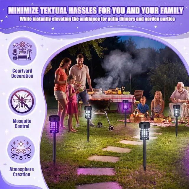 Alt view image 7 of 7 - 4 Pack Outdoor Solar Bug Zapper,Purple and White Light,Black | Mosquito Repellent, Solar Powered, Waterproof, LED Light Lamp, Fly Insect Killer, for Outdoor Patio Yard Garden Lawn