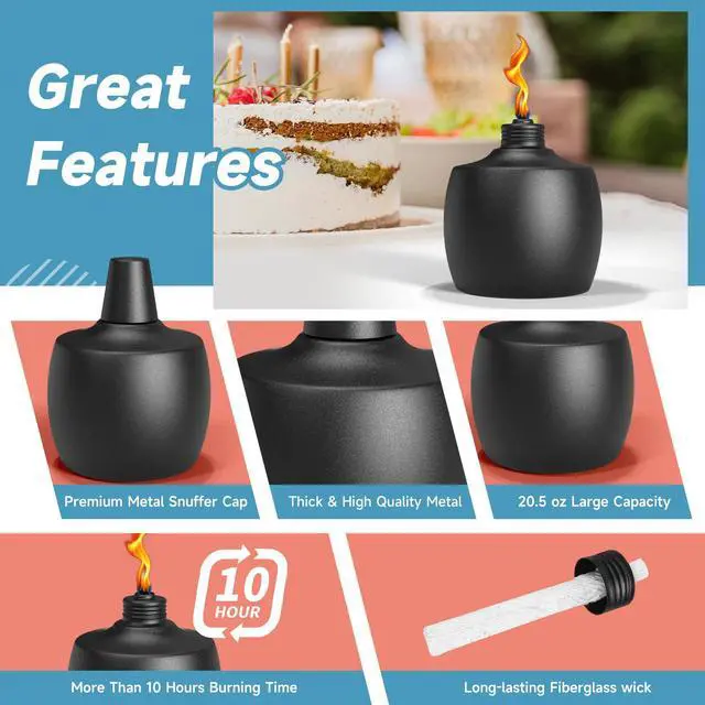Alt view image 3 of 7 - 2-Pack Citronella Tabletop Torches, 21.5 oz Table Top Torches for Outdoor, Metal Oil Burner Candles, Garden Torches with Fiberglass Wick for Yard, Patio, Deck, Garden, Party, Landscape