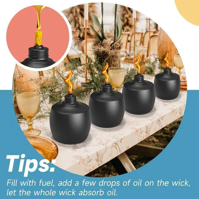 Alt view image 4 of 7 - 2-Pack Citronella Tabletop Torches, 21.5 oz Table Top Torches for Outdoor, Metal Oil Burner Candles, Garden Torches with Fiberglass Wick for Yard, Patio, Deck, Garden, Party, Landscape
