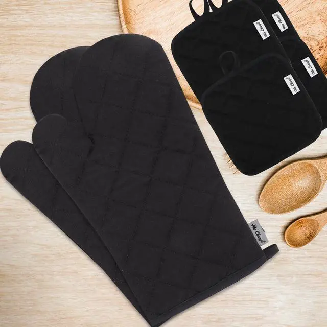 Alt view image 2 of 6 - Oven Mitts and Pot Holders Sets,6 Pcs Oven Mitts and Potholders with Recycled Cotton High Heat Resistant Extra Thick Long Oven Mitts for Cooking(Black)