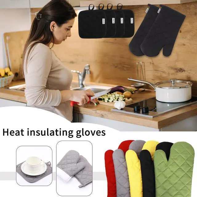 Alt view image 4 of 6 - Oven Mitts and Pot Holders Sets,6 Pcs Oven Mitts and Potholders with Recycled Cotton High Heat Resistant Extra Thick Long Oven Mitts for Cooking(Black)