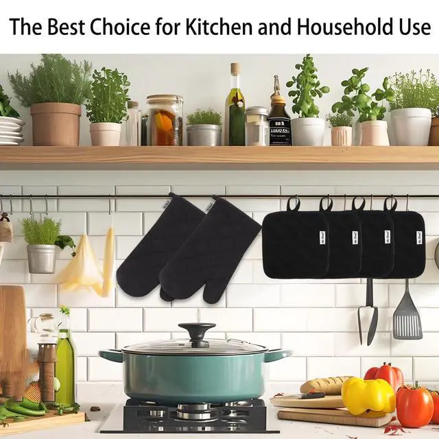 Alt view image 6 of 6 - Oven Mitts and Pot Holders Sets,6 Pcs Oven Mitts and Potholders with Recycled Cotton High Heat Resistant Extra Thick Long Oven Mitts for Cooking(Black)