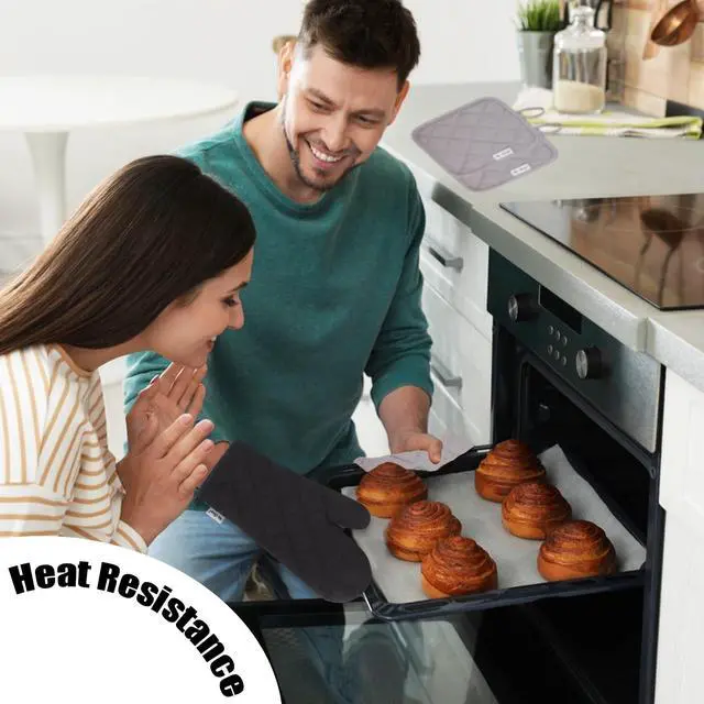 Alt view image 5 of 6 - Oven Mitts and Pot Holders Sets,6 Pcs Oven Mitts and Potholders with Recycled Cotton High Heat Resistant Extra Thick Long Oven Mitts for Cooking(Black)