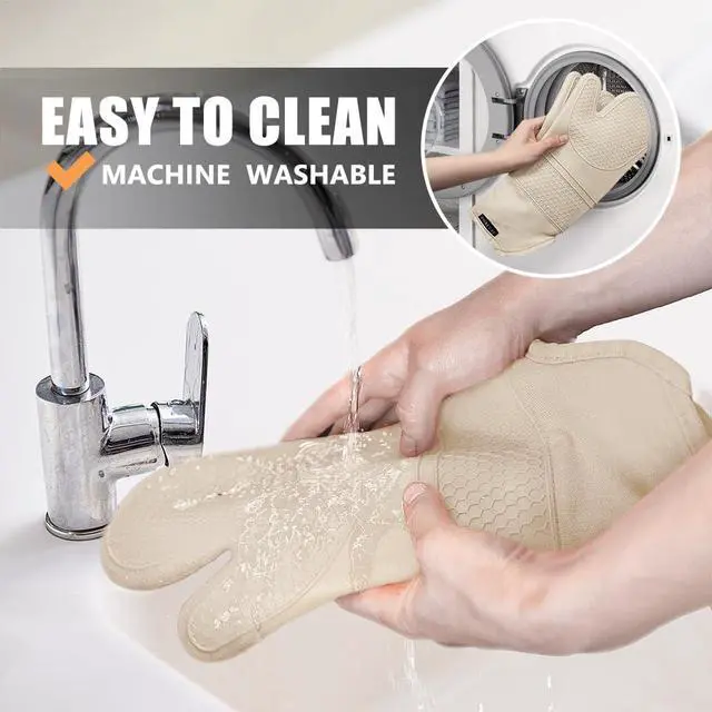 Alt view image 6 of 6 - Silicone Oven Mitts and Pot Holders Sets, Gloves for Kitchen, Beige | Set of 6 Kitchen Mitts for Baking & Cooking, Heat Resistant 500 , 15" Extra Long, Non-Slip & Waterproof, Quilted Cotton