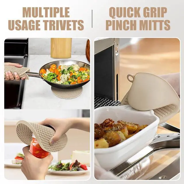 Alt view image 3 of 6 - Silicone Oven Mitts and Pot Holders Sets, Gloves for Kitchen, Beige | Set of 6 Kitchen Mitts for Baking & Cooking, Heat Resistant 500 , 15" Extra Long, Non-Slip & Waterproof, Quilted Cotton