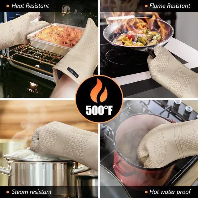 Alt view image 4 of 6 - Silicone Oven Mitts and Pot Holders Sets, Gloves for Kitchen, Beige | Set of 6 Kitchen Mitts for Baking & Cooking, Heat Resistant 500 , 15" Extra Long, Non-Slip & Waterproof, Quilted Cotton