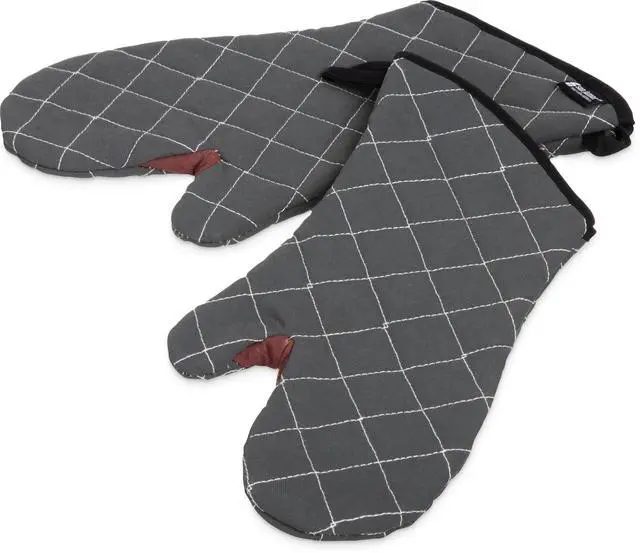 Main image of Oven Mitts, San Jamar BestGuard, Professional Grade, 15", Pair, Black | Temperature safe up to 450°F for 15 seconds with Kevlar WebGuard, fire-retardant build, steam insulation and angled cuff