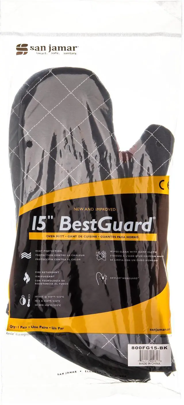 Alt view image 2 of 5 - Oven Mitts, San Jamar BestGuard, Professional Grade, 15", Pair, Black | Temperature safe up to 450°F for 15 seconds with Kevlar WebGuard, fire-retardant build, steam insulation and angled cuff