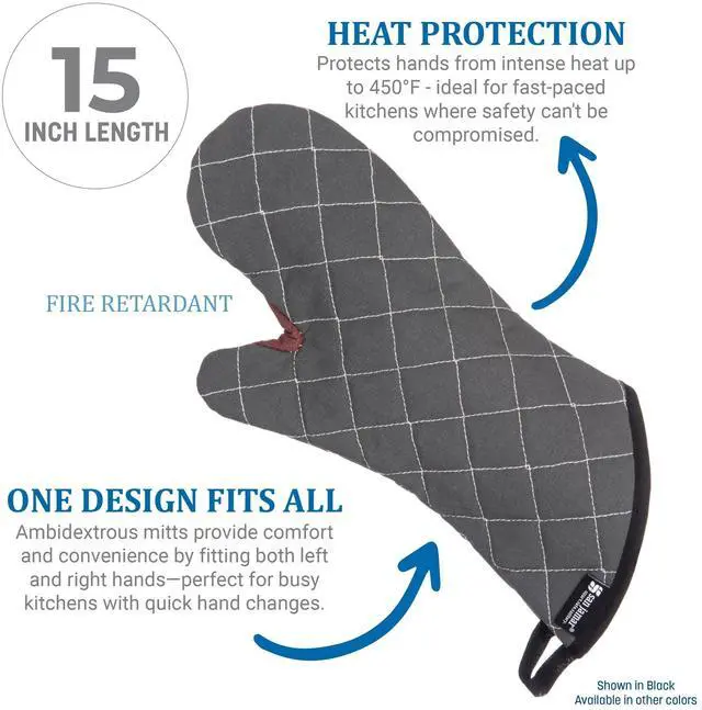 Alt view image 3 of 5 - Oven Mitts, San Jamar BestGuard, Professional Grade, 15", Pair, Black | Temperature safe up to 450°F for 15 seconds with Kevlar WebGuard, fire-retardant build, steam insulation and angled cuff