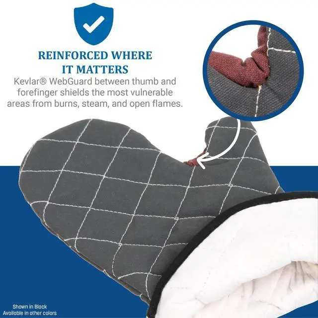Alt view image 4 of 5 - Oven Mitts, San Jamar BestGuard, Professional Grade, 15", Pair, Black | Temperature safe up to 450°F for 15 seconds with Kevlar WebGuard, fire-retardant build, steam insulation and angled cuff