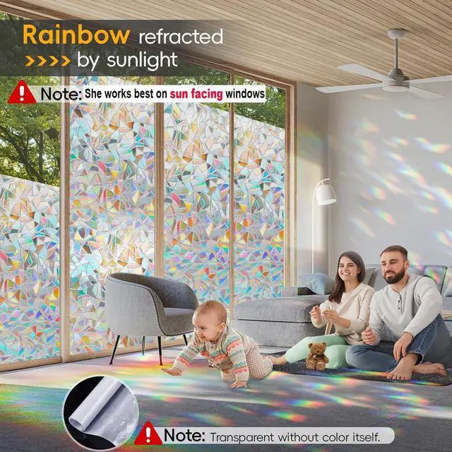 Alt view image 2 of 7 - Rainbow Window Privacy Film with Cutting Reference Line, 17.5" x 78.74" | 3D Decals Stained Glass Window Clings, Static Cling Suncatcher Sticker, Windows Cover Tint for Home