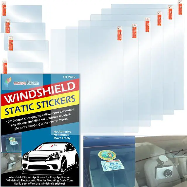 Main image of Windshield Sticker Applicator Electrostatic Film for Easy Application, Removal and Re-Application from Car to Car-6 Pack 5"x7",4 Pack2.4" x 3.1" Sheets