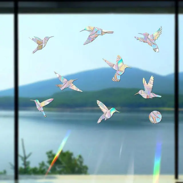 Alt view image 6 of 7 - 48 Pieces Static Window Clings Decals for Bird Strikes, Hummingbird-Circle | Anti Collision,Glass Door Window Stickers, Stop Birds Flying into Windows
