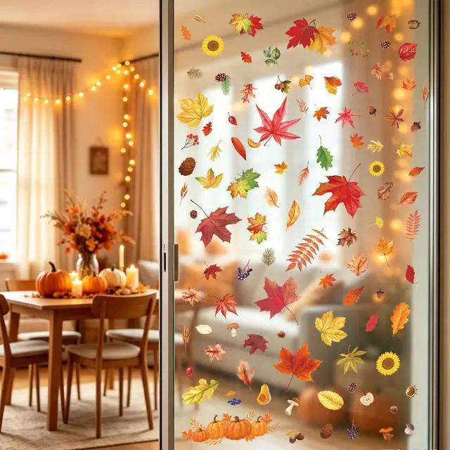 Alt view image 5 of 7 - Fall Window Clings 9 Sheets Thanksgiving Static Stickers for Glass Decor | Double-Sided Autumn Window Decals, Harvest Season Clings, Maple Leaves Pumpkins Decorations for Holiday Home Office Classroom