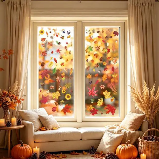 Alt view image 6 of 7 - Fall Window Clings 9 Sheets Thanksgiving Static Stickers for Glass Decor | Double-Sided Autumn Window Decals, Harvest Season Clings, Maple Leaves Pumpkins Decorations for Holiday Home Office Classroom