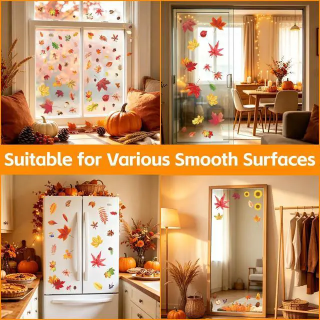 Alt view image 7 of 7 - Fall Window Clings 9 Sheets Thanksgiving Static Stickers for Glass Decor | Double-Sided Autumn Window Decals, Harvest Season Clings, Maple Leaves Pumpkins Decorations for Holiday Home Office Classroom