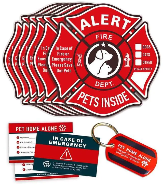 Main image of Pet Alert Stickers Static Cling Window Decals Emergency Pets Rescue Sign (6 Pack) with Bonus: Pet Home Alone Wallet Card & Key Tag - NO Adhesive, Removable, UV Resistant
