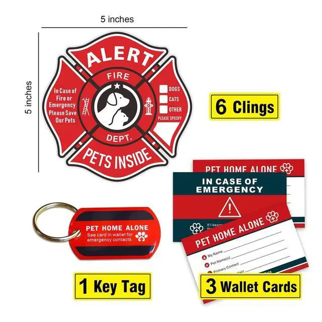 Alt view image 2 of 7 - Pet Alert Stickers Static Cling Window Decals Emergency Pets Rescue Sign (6 Pack) with Bonus: Pet Home Alone Wallet Card & Key Tag - NO Adhesive, Removable, UV Resistant
