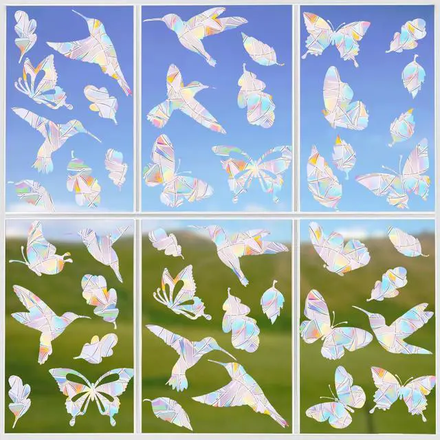 Alt view image 3 of 7 - 60 Pcs Window Decals to Prevent Bird Strikes - Anti-Collision Window Stickers for Birds, Rainbow Vinyl Suncatcher Stickers, Reusable Static Clings for Bird Window Deterrent, No Glue Needed