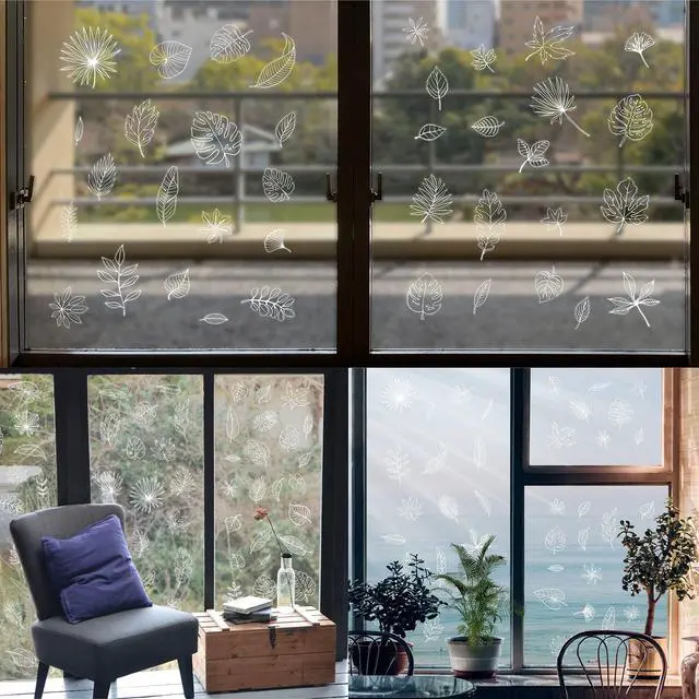Alt view image 6 of 7 - 90 PCS Leaf Window Clings - Double Sided White Leaves Stickers - 90 Designs - Reusable Window Decals - Static Clings - Bird Alert - Prevent Bird Strikes