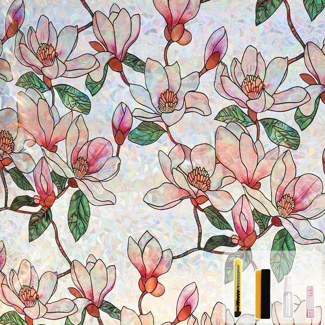Main image of Window Privacy Film, Stained Glass Sticker, 17.5" x 78.7" | Removable Floral Window Clings, Decorative Static Clings, UV Blocking Colorful Decals, Rainbow Magnolia Flowers