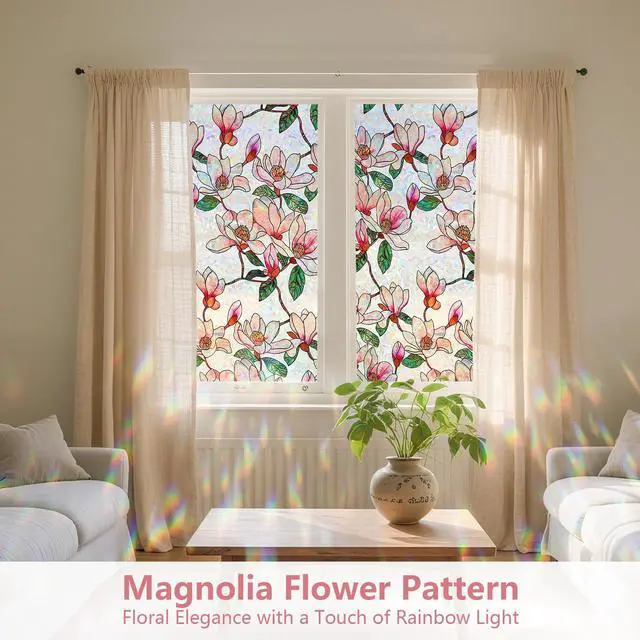 Alt view image 2 of 7 - Window Privacy Film, Stained Glass Sticker, 17.5" x 78.7" | Removable Floral Window Clings, Decorative Static Clings, UV Blocking Colorful Decals, Rainbow Magnolia Flowers