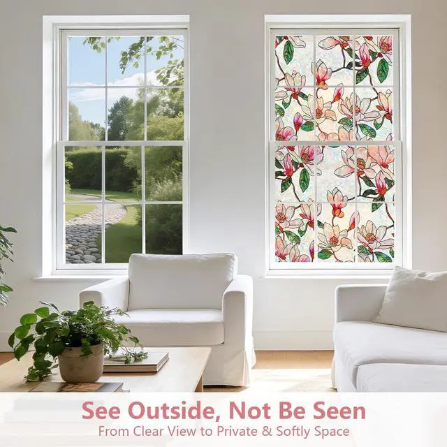Alt view image 4 of 7 - Window Privacy Film, Stained Glass Sticker, 17.5" x 78.7" | Removable Floral Window Clings, Decorative Static Clings, UV Blocking Colorful Decals, Rainbow Magnolia Flowers