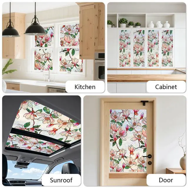 Alt view image 5 of 7 - Window Privacy Film, Stained Glass Sticker, 17.5" x 78.7" | Removable Floral Window Clings, Decorative Static Clings, UV Blocking Colorful Decals, Rainbow Magnolia Flowers