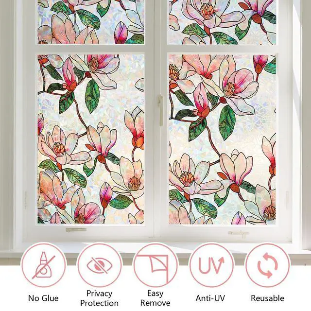 Alt view image 6 of 7 - Window Privacy Film, Stained Glass Sticker, 17.5" x 78.7" | Removable Floral Window Clings, Decorative Static Clings, UV Blocking Colorful Decals, Rainbow Magnolia Flowers
