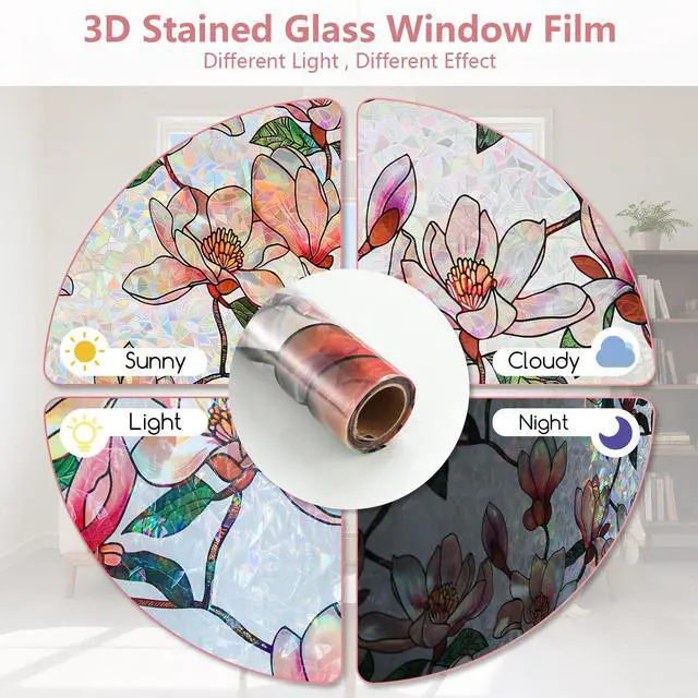 Alt view image 7 of 7 - Window Privacy Film, Stained Glass Sticker, 17.5" x 78.7" | Removable Floral Window Clings, Decorative Static Clings, UV Blocking Colorful Decals, Rainbow Magnolia Flowers