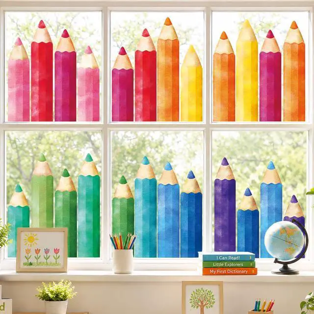 Main image of 9 Sheets Back to School Pencil Window Clings, Static Decals | Back to School, Double-Sided, Static Window Stickers, Removable, Classroom & Office Decor