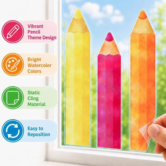 Alt view image 3 of 7 - 9 Sheets Back to School Pencil Window Clings, Static Decals | Back to School, Double-Sided, Static Window Stickers, Removable, Classroom & Office Decor
