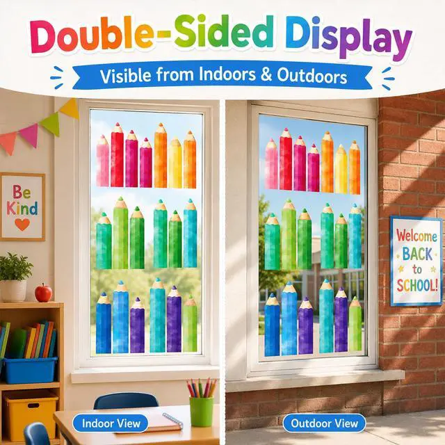 Alt view image 4 of 7 - 9 Sheets Back to School Pencil Window Clings, Static Decals | Back to School, Double-Sided, Static Window Stickers, Removable, Classroom & Office Decor