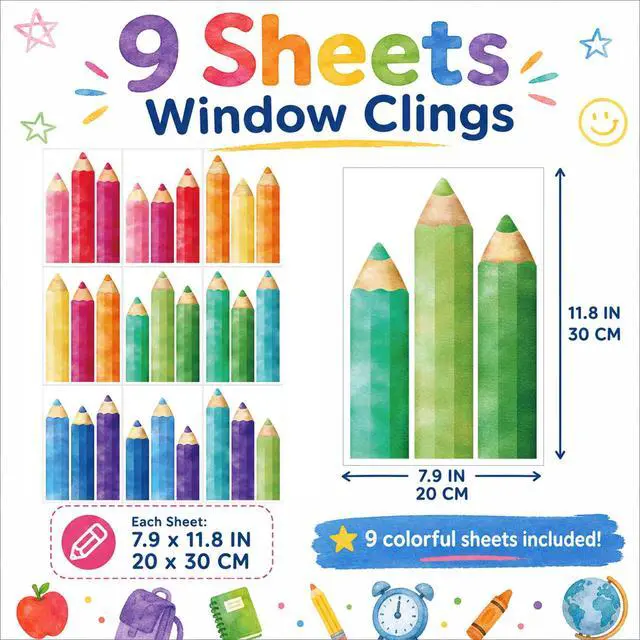 Alt view image 2 of 7 - 9 Sheets Back to School Pencil Window Clings, Static Decals | Back to School, Double-Sided, Static Window Stickers, Removable, Classroom & Office Decor