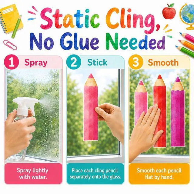 Alt view image 5 of 7 - 9 Sheets Back to School Pencil Window Clings, Static Decals | Back to School, Double-Sided, Static Window Stickers, Removable, Classroom & Office Decor