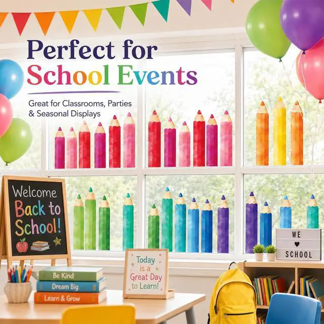 Alt view image 6 of 7 - 9 Sheets Back to School Pencil Window Clings, Static Decals | Back to School, Double-Sided, Static Window Stickers, Removable, Classroom & Office Decor