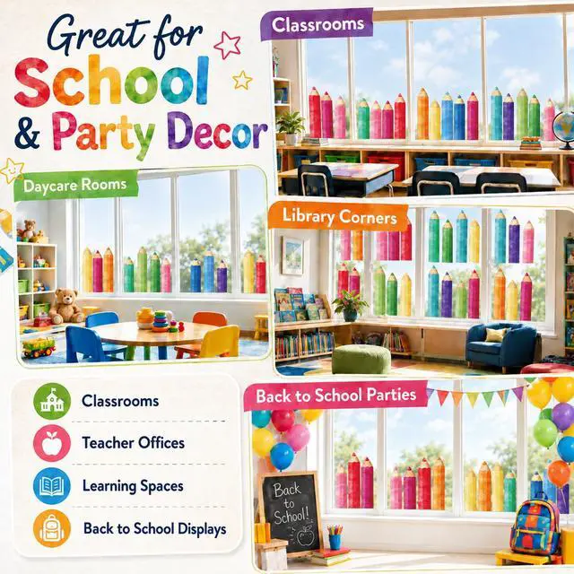 Alt view image 7 of 7 - 9 Sheets Back to School Pencil Window Clings, Static Decals | Back to School, Double-Sided, Static Window Stickers, Removable, Classroom & Office Decor