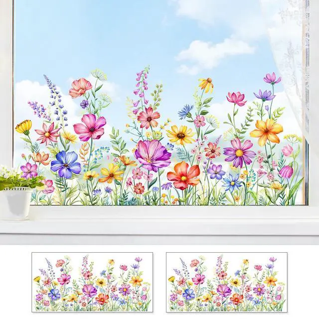Alt view image 2 of 7 - 2 Sheets Wildflower Static Window Clings Colorful Spring Summer Floral Window Stickers Double-Sided Anti-Collision Glass Door Mirror Decals