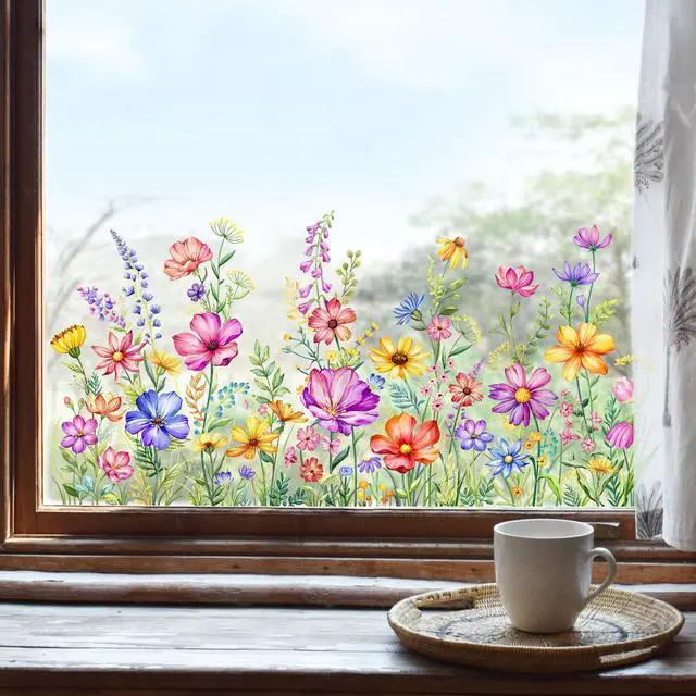 Alt view image 4 of 7 - 2 Sheets Wildflower Static Window Clings Colorful Spring Summer Floral Window Stickers Double-Sided Anti-Collision Glass Door Mirror Decals