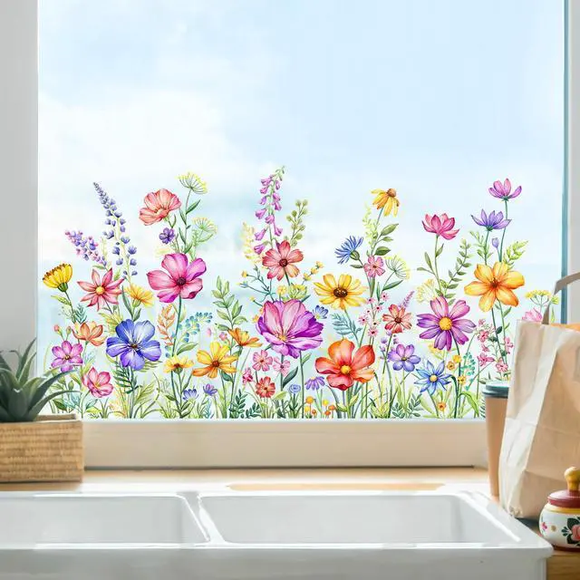 Alt view image 5 of 7 - 2 Sheets Wildflower Static Window Clings Colorful Spring Summer Floral Window Stickers Double-Sided Anti-Collision Glass Door Mirror Decals