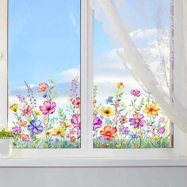 Alt view image 6 of 7 - 2 Sheets Wildflower Static Window Clings Colorful Spring Summer Floral Window Stickers Double-Sided Anti-Collision Glass Door Mirror Decals