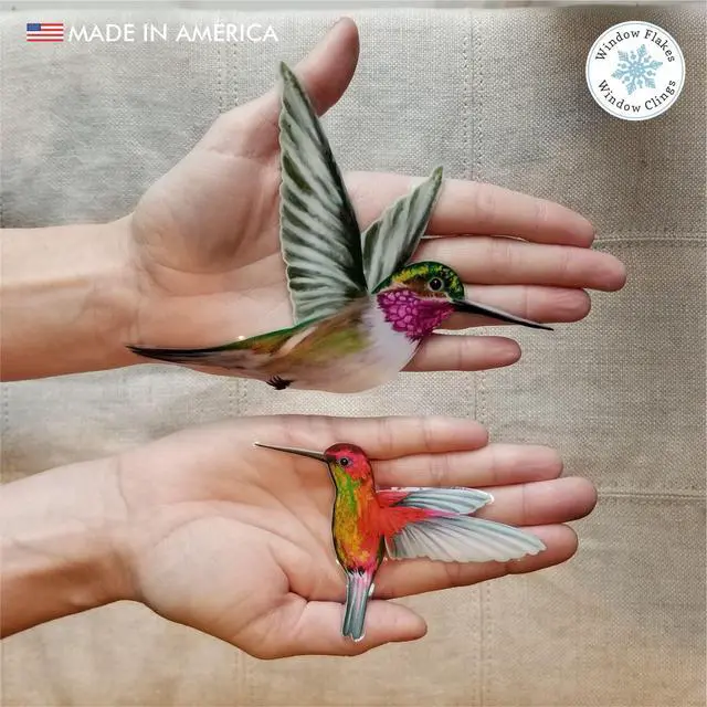 Alt view image 4 of 6 - 4-Pack Hummingbird Bird Strike Prevention Window Clings | Double-sided printing, Reusable static-cling vinyl, Helps birds see glass, Made in USA
