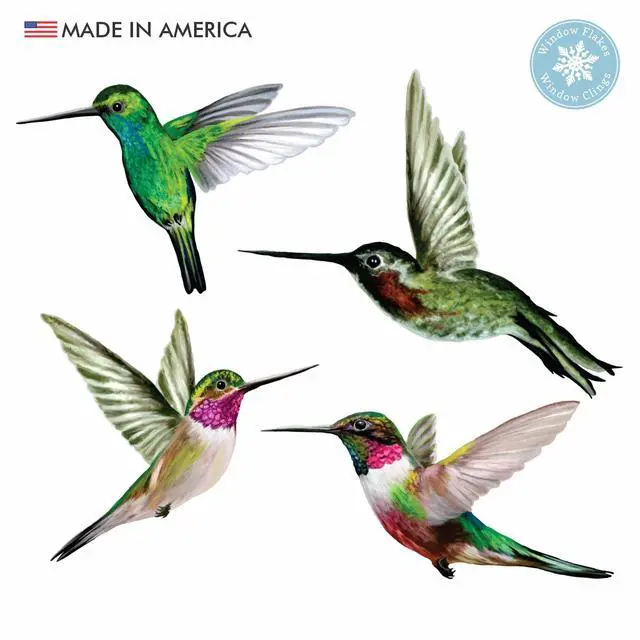 Alt view image 6 of 6 - 4-Pack Hummingbird Bird Strike Prevention Window Clings | Double-sided printing, Reusable static-cling vinyl, Helps birds see glass, Made in USA
