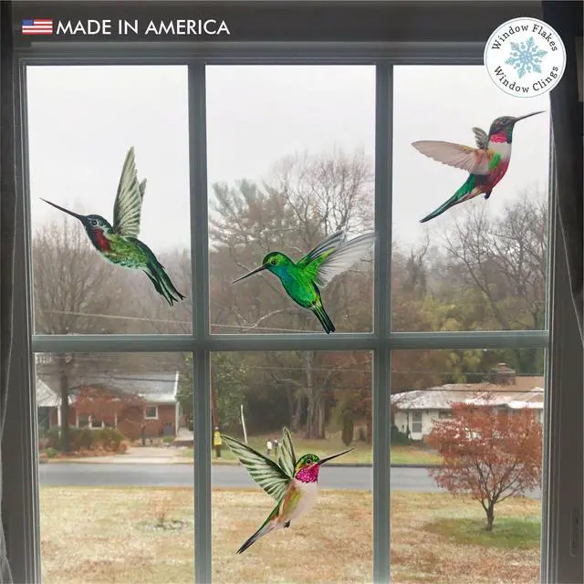 Alt view image 5 of 6 - 4-Pack Hummingbird Bird Strike Prevention Window Clings | Double-sided printing, Reusable static-cling vinyl, Helps birds see glass, Made in USA