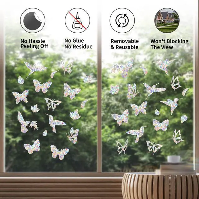 Alt view image 4 of 7 - 36 Pieces Window Decals for Bird Strikes | Window Clings Prevent Birds from Hitting Windows Suncatcher Stickers Bird, Butterfly, Feather, Leaf)