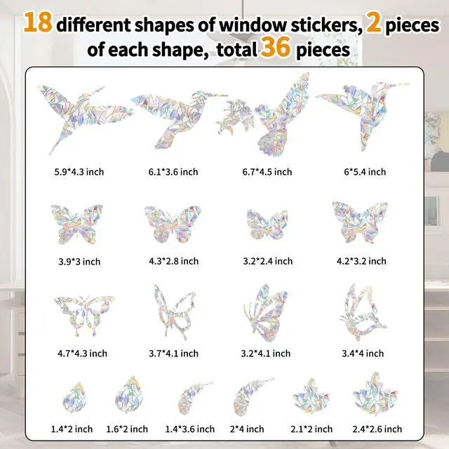 Alt view image 7 of 7 - 36 Pieces Window Decals for Bird Strikes | Window Clings Prevent Birds from Hitting Windows Suncatcher Stickers Bird, Butterfly, Feather, Leaf)