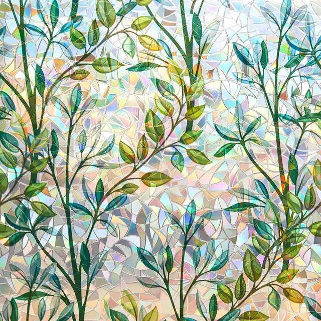Main image of Window Privacy Film Stained Glass, Static Cling, Leaf 17.5 x 78.7 | 3D Rainbow Decorative Covering, No Glue Heat Control & UV Blocking, Colorful Decals Reusable Frosted Sticker for Home Door