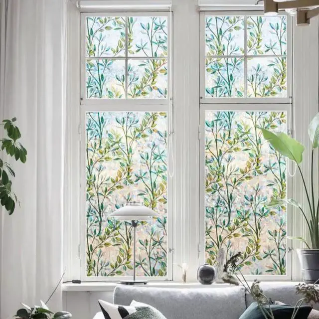 Alt view image 2 of 6 - Window Privacy Film Stained Glass, Static Cling, Leaf 17.5 x 78.7 | 3D Rainbow Decorative Covering, No Glue Heat Control & UV Blocking, Colorful Decals Reusable Frosted Sticker for Home Door