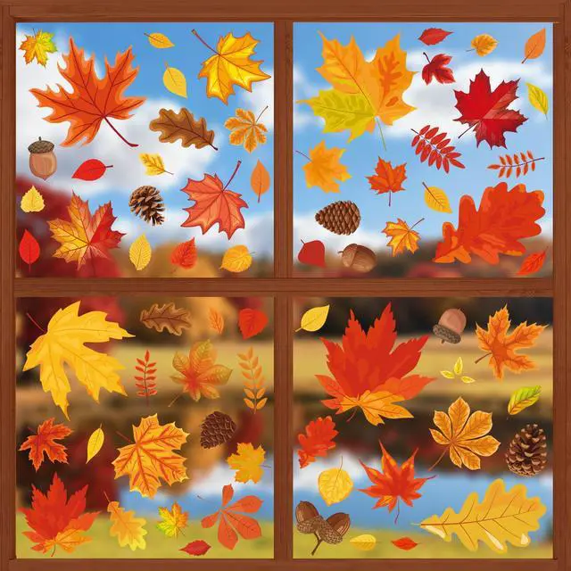 Main image of 9 Sheets Fall Window Clings Fall Leaves Double-Sided Window Decals Cartoon Autumn Maple Leaf Pine Cone Static Windows Sticker for Thanksgiving Harvest Holiday Party Home School Office Shop Glass Decor